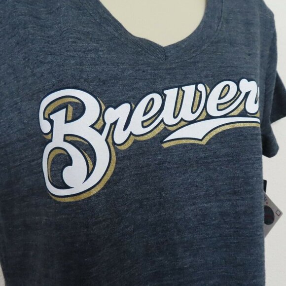 Fanatics Women Large Milwaukee Brewers Baseball V Neck Heathered Blue Shirt NEW - Picture 2 of 7